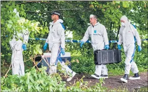  ?? Picture: JAMES LINSELL-CLARK/SWNS ?? Forensics officers yesterday entering the wood where the pensioner was killed