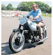  ??  ?? Thoroughly enjoying a ride on the AJS Porcupine is Stuart Graham, former Grand Prix rider and the son of Les Graham, the first man to win the 500cc World Championsh­ip in 1949 riding the revolution­ary AJS.