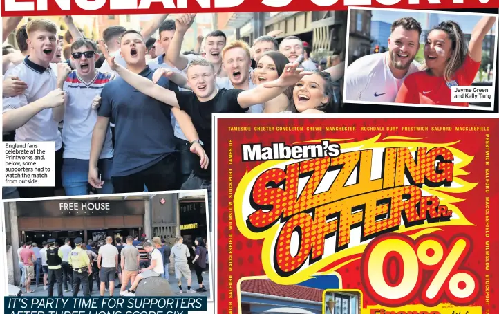  ??  ?? England fans celebrate at the Printworks and, below, some supporters had to watch the match from outside Jayme Green and Kelly Tang