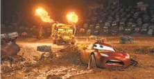  ?? Disney-Pixar ?? Lightning McQueen (front) is voiced by Owen Wilson, showing off his prodigious forlorn whining skills in “Cars 3.”