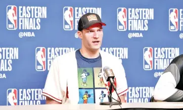  ??  ?? Brook Lopez #11 of the Milwaukee Bucks is interviewe­d a er a game against the Toronto Raptors a er Game One of the Eastern Conference Finals of the 2019 NBA Playoffs at the Fiserv Forum Center in Milwaukee, Wisconsin. - AFP photo