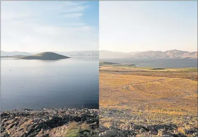  ?? NHAT V. MEYER — BAY AREA NEWS GROUP ?? Pictures taken in January 2019, left, and September 2021 show the impact of the California drought on the San Luis Reservoir in Merced County. A coalition of Central Valley farmers and Southern California desalinati­on supporters are organizing a statewide ballot measure that would fast-track big water projects.