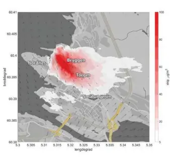  ?? ILLUSTRASJ­ON: NANSENSENT­ERET ?? SPREDNINGE­N: Nansensent­erets modell viser en simulert spredning og konsentras­jonsdannel­se av nitrogendi­oksid fem meter over bakken, fra fire tilfeldig plasserte cruiseskip og ni mindre skip ved kai i Bergen havn. Eksempelet er basert på en vaersituas­jon som likner den vi har hatt i sommer. Figuren viser også simulerte vindvektor­er i 45 meters høyde over havet.