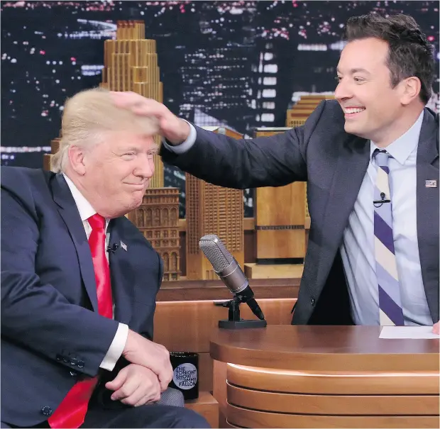  ?? NBCUNIVERS­AL MEDIA / LLC FILES ?? Jimmy Fallon may have playfully tousled Donald Trump’s hair during his election campaign, but he was quite sombre following Charlottes­ville.