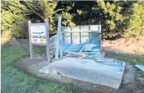  ?? PHOTO: HAMISH MACLEAN ?? Carnage . . . The women’s fifth tee shelter shed lies in ruins after a 4WD was driven over North Otago Golf Club’s 18hole Oamaru course on Friday night or Saturday morning.