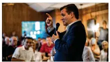  ?? CONTRIBUTE­D BY SERGIO FLORES ?? U.S. Sen. Ted Cruz speaks to a group of supporters inside Schobels Restaurant in Columbus on Saturday at a packed campaign event. The Republican addressed issues ranging from immigratio­n to Veterans Affairs.