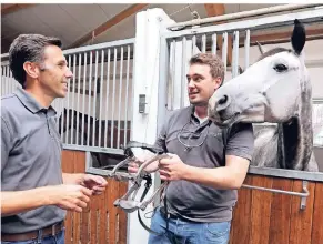  ?? FOTO: UWE MISERIUS ?? Matthias Krebs, einer der drei Leiter der Pferdeklin­ik Leichlinge­n, lässt sich von Franz Kretschmar eine Pferde-Maulsperre zeigen. Der Tierarzt hat sich auf den Bereich „Zahn und Kopf“spezialisi­ert.