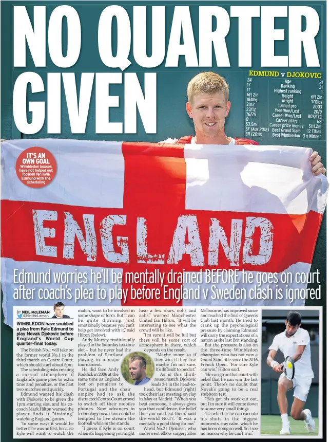  ??  ?? IT’S AN OWN GOAL Wimbledon bosses have not helped out football fan Kyle Edmund with the scheduling