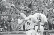  ?? CHARLIE RIEDEL ?? Kansas City Royals’ Salvador Perez reacts after hitting a solo home run during the second inning of Game 2 in baseball’s American League Division Series against the Houston Astros on Friday in Kansas City, Mo.