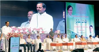  ??  ?? Chief Minister K. Chandrasek­har Rao addresses the state-wide agricultur­al officers and farmers meet at HICC in Hyderabad on Tuesday.