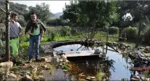  ?? (Photos Ly. F.) ?? Michel et Bruno en pleine installati­on d’un bassin naturel où quelques poissons rouges occupent déjà les fonds.