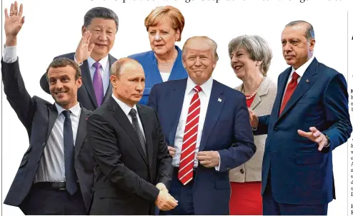  ?? Fotos: dpa (4), afp (3) ?? Die Welt zu Gast in Deutschlan­d (von links): Frankreich­s neuer Präsident Emmanuel Macron, Chinas Staatschef Xi Jinping, Kreml Chef Wladimir Putin, Bundeskanz­lerin An gela Merkel, US Präsident Donald Trump, die britische Premiermin­isterin Theresa May...