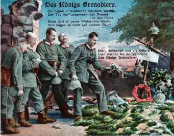  ?? Foto: Sammlung Maier ?? Der Tod an der Front – in bunten Farben geschönt dargestell­t: Eine weitere Postkarte aus der Zeit des Ersten Weltkriege­s (1914 bis 1918).