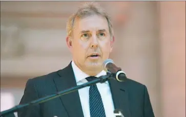  ?? Riccardo Savi Getty Images ?? BRITISH Ambassador Kim Darroch speaks in Washington in 2017. Politician­s and officials in London are embarrasse­d at the leak of Darroch’s opinions about President Trump, and are angry he was forced to quit.