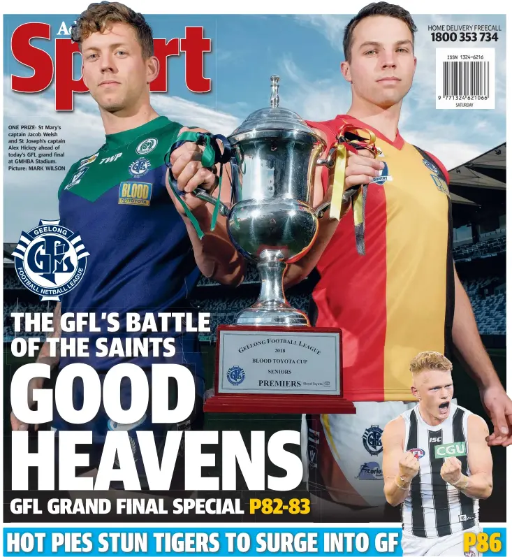  ?? Picture: MARK WILSON ?? ONE PRIZE: St Mary's captain Jacob Welsh and St Joseph's captain Alex Hickey ahead of today’s GFL grand final at GMHBA Stadium.