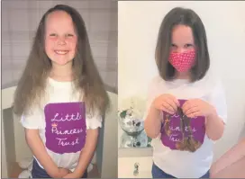  ??  ?? Before and after: Mia, left, after letting her hair grow long over lockdown and, right, sporting her new hairstyle and holding the hair she is donating to the Little Princess Trust.