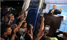  ?? Photograph: Abir Sultan/EPA ?? Benjamin Netanyahu talks to supporters in Jerusalem on 11 September.