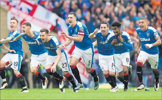  ?? Picture: SNS ?? LET IT ALL POUR OUT: Rangers players led by Lee Wallace are a picture of emotion as they celebrate Tom Rogic’s miss in the penalty shoot-out.