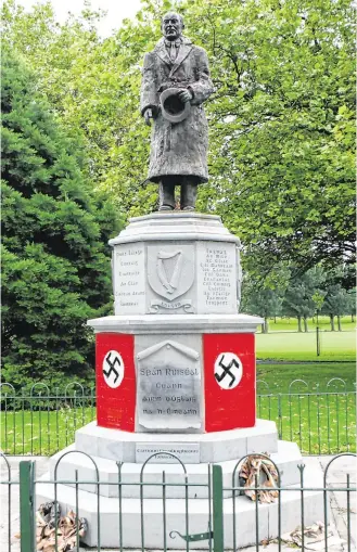  ?? PHOTO: GARETH CHANEY COLLINS ?? Out of favour:
The oftvandali­sed memorial to the former IRA chief of staff Seán Russell at Fairview Park, Dublin.