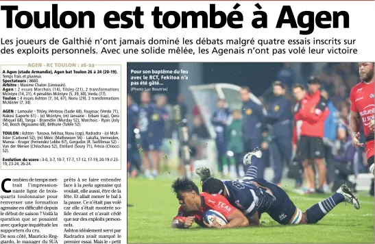  ?? (Photo Luc Boutria) journée ?? Pour son baptême du feu avec le RCT, Fekitoa n’a pas été gâté...