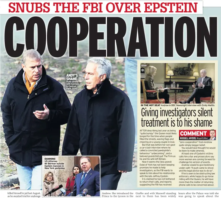  ??  ?? ANDY’S SHAME Duke strolls with Epstein in Central Park, 2010