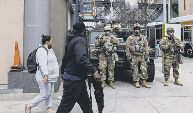  ??  ?? 0 Police were out in force outside the court in Minneapoli­s ahead of the verdict yesterday as law enforcemen­t across the US prepared in case of protests