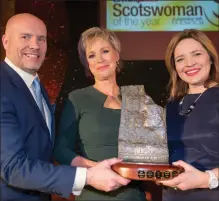  ??  ?? Evening Times editor Donald Martin and Anne Ledgerwood, of the St Enoch Centre, with Sally, our 55th Scotswoman of the Year