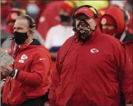  ?? CHARLIE RIEDEL — THE ASSOCIATED PRESS ?? Chiefs head coach Andy Reid, right, watches from the sideline during the first half against the Los Angeles Chargers on Jan. 3, in Kansas City.