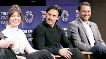  ?? Evans Vestal Ward/NBC ?? Cast members Mandy Moore and Milo Ventimigli­a and creator and executive producer Dan Fogelman discuss their NBC drama, “This Is Us,” at the 10th annual Paleyfest NBC Fall TV Preview in Beverly Hills earlier this month. The new series is set in...