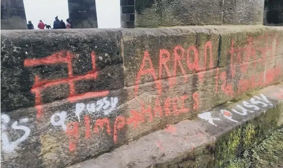  ??  ?? The graffiti runs almost the length of the base on one side of Sunderland’s most visible landmark