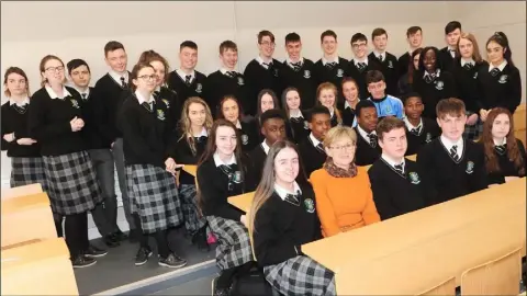  ??  ?? Mairead McGuinness MEP with TY students in St. Mary’s College.