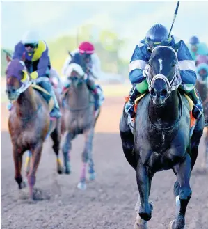  ?? KENYON HEMANS ?? NUCLEAR FLIGHT (Dane Dawkins) wins last Saturday’s ninth race at Caymanas Park. The winner is trained by Gary Subratie and owned by Michros.