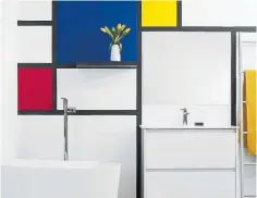  ?? ?? Above, a clean white backdrop in this bathroom allows for the primary shades of red, yellow and blue to take centre-stage within geometric shapes. Soft furnishing­s echo these colours, creating continuity within the space. Project by Megan Harrison-Turner.