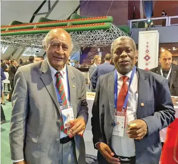  ??  ?? Speaker of the Fijian Parliament, Ratu Epeli Nailatikau with the Speaker of the Parliament of Eswatini (Swaziland) in Southern Africa, Petros Mavimbela.