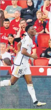  ?? AP ?? Real Madrid's Aurelien Tchouameni celebrates after scoring against Mallorca.