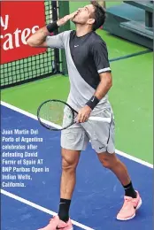  ??  ?? Juan Martin Del Porto of Argentina celebrates after defeating David Ferrer of Spain AT BNP Paribas Open in Indian Wells, California.