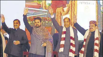  ?? DEEPAK SANSTA /HT ?? BJP state chief Suresh Kashyap, Union minister of state for finance Anurag Thakur, chief minister Jai Ram Thakur, BJP national president JP Nadda, governor Bandaru Dattatreya during Himachal Day event on the Ridge in Shimla on Monday.