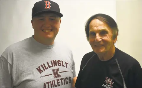  ?? Pete Paguaga / Hearst Connecticu­t Media ?? Killingly’s Ben Desaulnier, left, and North Haven’s Bob DeMayo discussed high school baseball on a recent podcast. Desaulnier is the youngest baseball coach in the state at 21. DeMayo is planning on coaching his 62nd season this coming spring.