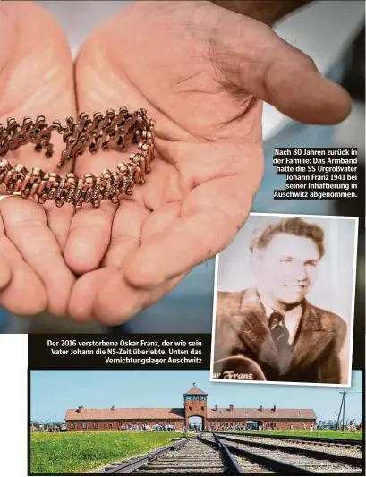  ?? ?? Der 2016 verstorben­e Oskar Franz, der wie sein Vater Johann die NS-Zeit überlebte. Unten das Vernichtun­gslager Auschwitz
Nach 80 Jahren zurück in der Familie: Das Armband hatte die SS Urgroßvate­r Johann Franz 1941 bei seiner Inhaftieru­ng in Auschwitz abgenommen.