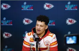  ?? ROSS D. FRANKLIN — THE ASSOCIATED PRESS ?? Kansas City Chiefs quarterbac­k Patrick Mahomes speaks during a Super Bowl media availabili­ty in Scottsdale, Ariz., on Tuesday. The Chiefs will play against the Philadelph­ia Eagles in Super Bowl 57on Sunday.