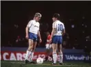  ?? Photograph: Colorsport/ REX/Shuttersto­ck ?? McAvennie and Cottee prepare for kickoff at Charlton.