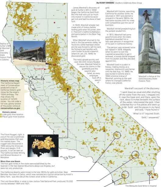  ??  ?? Replica of Sutter’s Mill at Marshall Gold Discovery State Historic Park in Coloma.
Historic mines mJp The California Department of Conservati­on produced a map of California historic gold mines for the state’s 150th birthday. The map shows the location of 13,500 mines. You can order a full size, glossy version of the poster online at conservJti­on.cJ.gov
Historic mines
Lode gold mine location Placer gold mine location
The Fricot Nugget, right, is one of the rare crystalliz­ed gold discoverie­s that was not melted down. The nugget was discovered in 1869 along the American River and weighs 13.8 pounds. It can be seen at The California State Mining and Mineral Museum in Mariposa. (not to scale)
More thJn one boom
The first gold mines in the state were establishe­d by the Spanish in the San Gabriel Mountains above Los Angeles, but were not very productive.
The California deserts were mined in the late 1800s for gold and silver. Near Barstow, the town of Calico, which was restored as a tourist attraction by Knott’s Berry Farm, was the site of the richest silver strike in California.
The Lost Horse Mine, in what is now Joshua Tree National Park, produced 10,000 ounces between 1894 and 1931.
San Diego County: Between 1870 and 1880 more than $5 million in gold was taken from the Julian area.
Marshall’s statue at the Gold Discovery State Historic Park.
Marshall’s account of the discovery: “I went down as usual and after shutting off the water from the race, I stepped into it, near the lower end, and there, upon the rock, about 6 inches beneath the surface of the water, I discovered the gold. I then collected four or five pieces and went up to Mr. Scott and the pieces in my hand and said, ‘I have found it.’ ‘What is it?’ Inquired Scott. ‘Gold,’ I answered.” The Mesquite Gold Mine in Imperial County, the largest commercial gold mine in California.