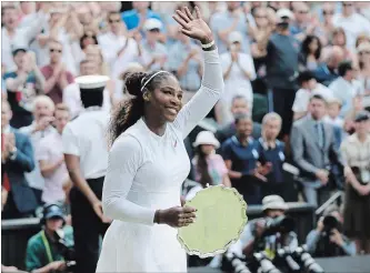  ?? TIM IRELAND THE ASSOCIATED PRESS ?? Serena Williams of the U.S. waves to the crowd after being defeated by Angelique Kerber of Germany in the women's singles final match at the Wimbledon Tennis Championsh­ips in London on Saturday.