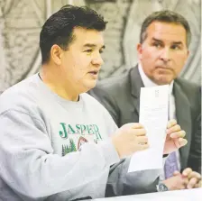  ??  ?? Bobby Cameron, left, joined STF President Patrick Maze, right, and Vice Chief David Pratt (not pictured) Friday in calling on all levels of government to invest more in education, especially education for Indigenous students in the province.