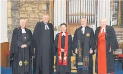  ??  ?? From left: the Rev Iain Paton, the Rev Colin Caskie, the Rev Mairi Perkins, the Rev Alan Reid and the Very Rev Dr James Simpson.