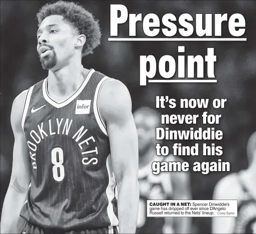  ??  ?? CAUGHT IN A NET: Spencer Dinwiddie’s game has dropped off ever since D’Angelo Russell returned to the Nets’ lineup. Corey Sipkin