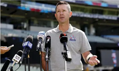  ?? Indies. Photograph: Con Chronis/AAP ?? Ricky Ponting was taken to hospital on Friday after suffering a heart problem while commentati­ng during day three of Australia’s first test against West