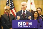  ?? GENARO MOLINA LOS ANGELES TIMES ?? A day after his stunning Super Tuesday performanc­e, Joe Biden addresses the media in Los Angeles.