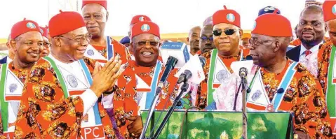  ?? ?? Imo State Governor, Hope Uzodimma ( left); Governor Dave Umahi of Ebonyi State; All Progressiv­es Congress ( APC) vice presidenti­al candidate, Kashim Shettima; APC presidenti­al candidate, Bola Tinubu and other governors and chieftains of APC at the party’s presidenti­al rally and presentati­on of flags to candidates in Abakaliki... yesterday.