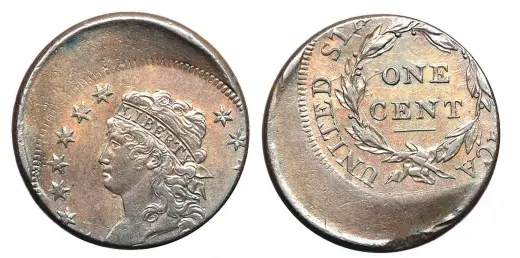  ?? (Images courtesy Goldberg.) ?? Not all coins were made perfectly as is seen here with an 1808 cent.